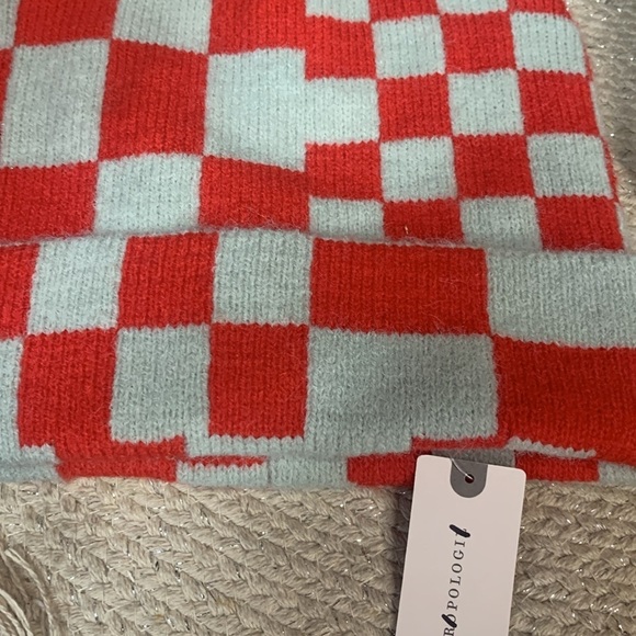 Anthropologie checkered beanie hat red mint new wtags one size